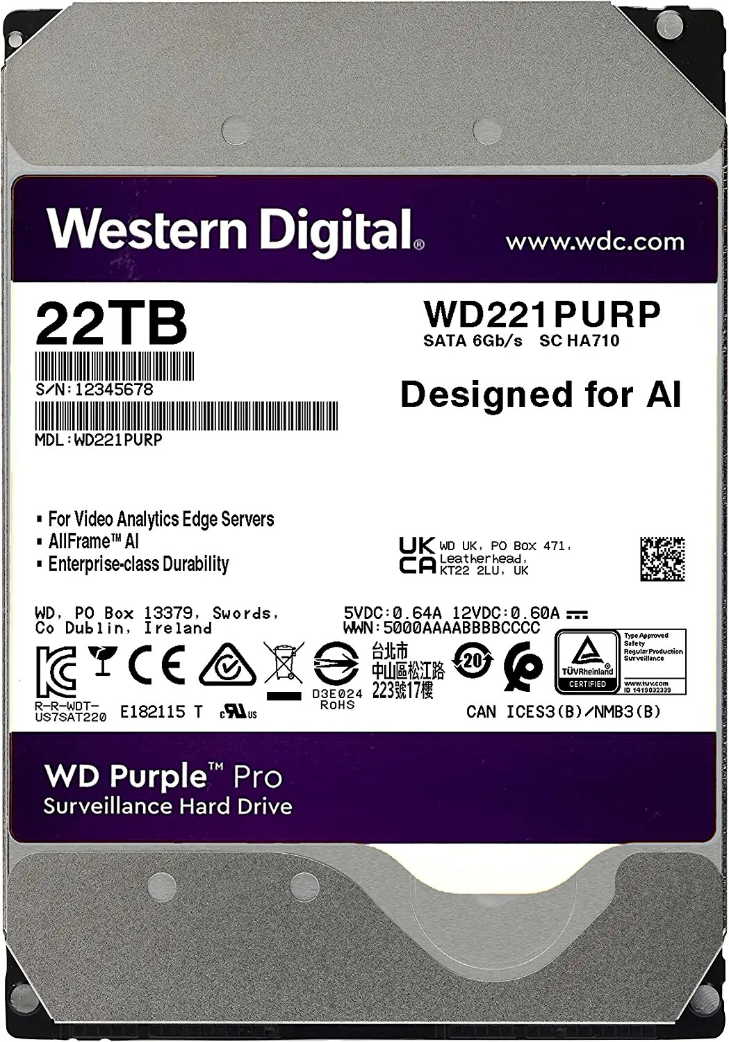 WD Internal Hard Drive WD221PURP 22TB 7200 RPM 512MB Cache 718037893532
