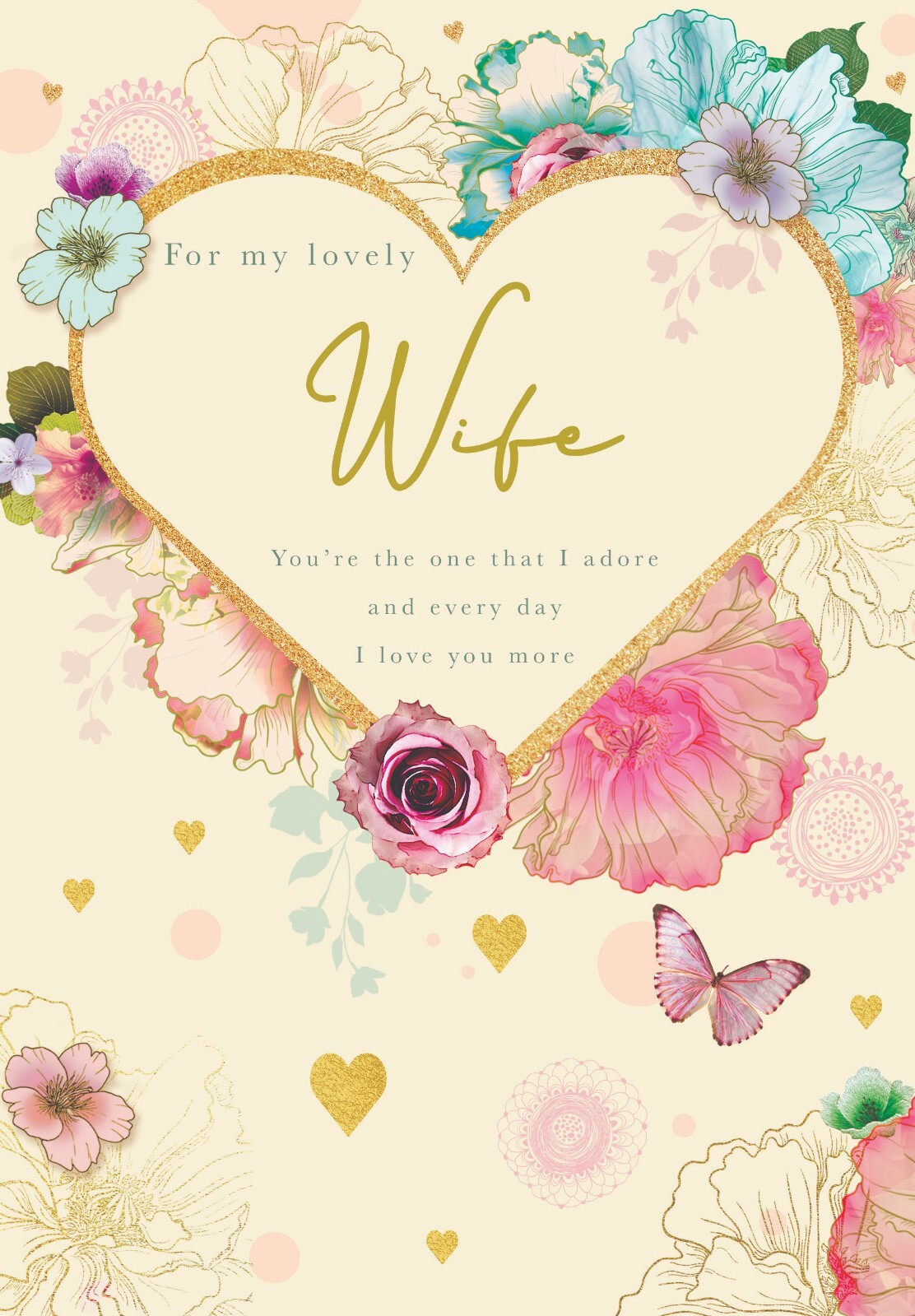 Wife Birthday Card Floral Heart – Embossed Illustrated Traditional Design