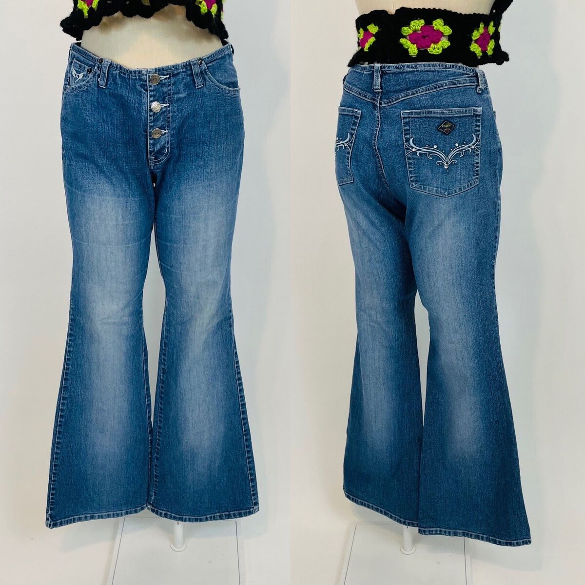 Vintage Y2K Angels Button Fly Flare Jeans Womens Rhinestone Vintage Y2K Angels Button Fly Flare Jeans Womens Rhinestone