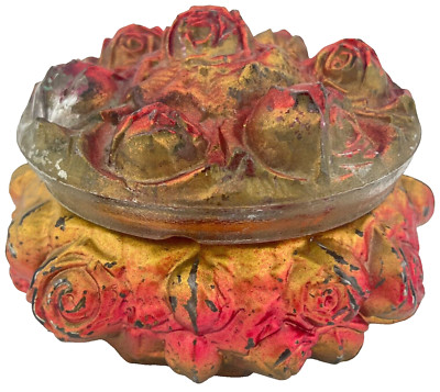 Antique Goofus Glass Gold Red Rose 4 1/2'' Vanity Powder Puff Jar/Trinket Box