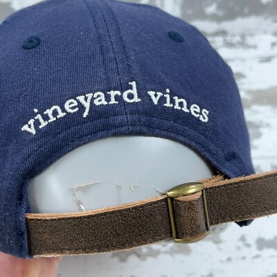 Vineyard Vines Hat Cap Leather Strap Back Blue Base Ball Dad USA Flag Whale