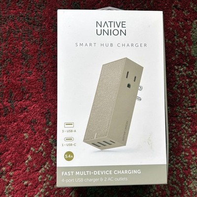 TESTED Smart Hub 4 Port USB Fast Charger + 2 AC Outlets Native Union Brown Color