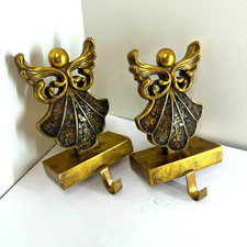 Gold Angel Stocking Holders Heavy Mantle Hooks Christmas Holiday Decor Set of 2