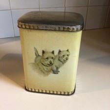 Hinged Dog Treat Tin c/ Cairn Terrier Artwork by Dominion Can, Australia - 1950s
