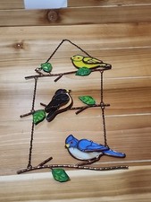 Stained Glass Window Birds On Branch Hanging Sun Catcher Used Vntg 1cnt17 JJ