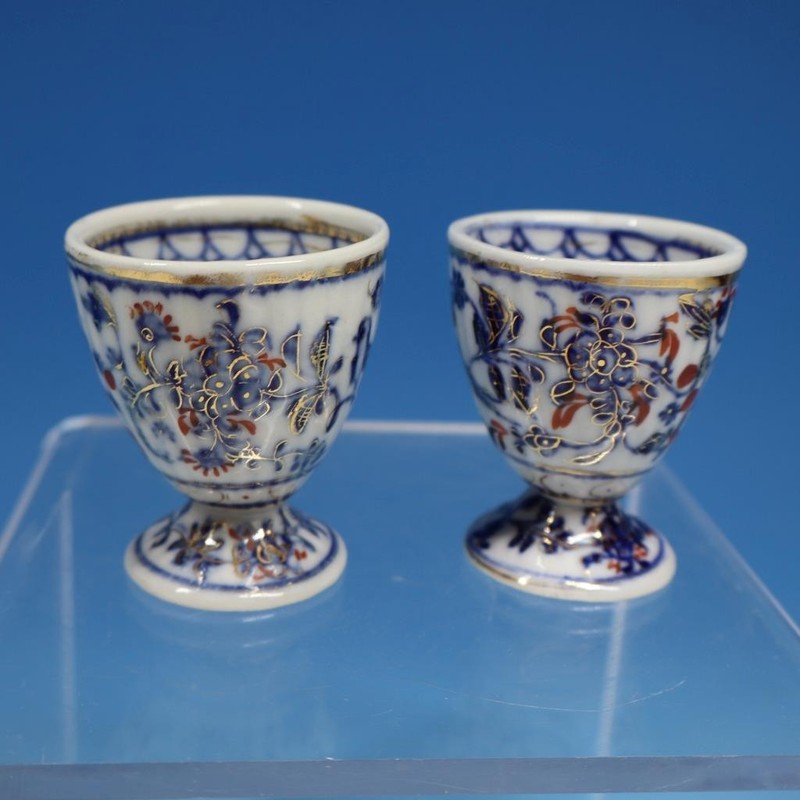Germany Flow Blue Porcelain - Bird and Flowers -  2 Egg Cups - 2¼ inches
