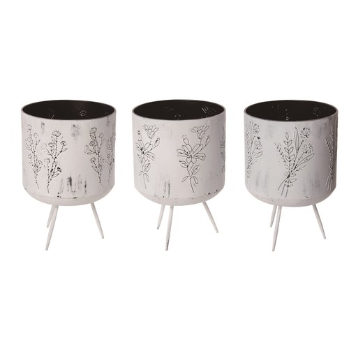 Transpac Metal 12" White Spring Flower Sketch Planters Set