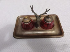 Antique Stag Inkwell Wurttemberggische Metallurwaen Fabrik Cranberry Ink Bottle