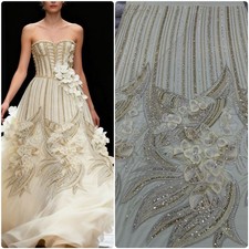 YQOINFKS Applique 3D Flower Sequin Fabric Luxury Embroidery Beaded Tulle Lace 5Y