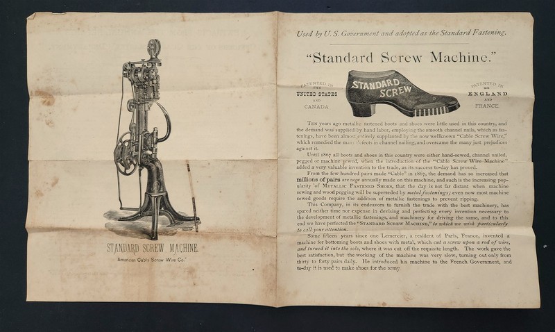 1870s antique STANDARD SCREW MACHINE boston ma MILITARY am cable screw wire AD
