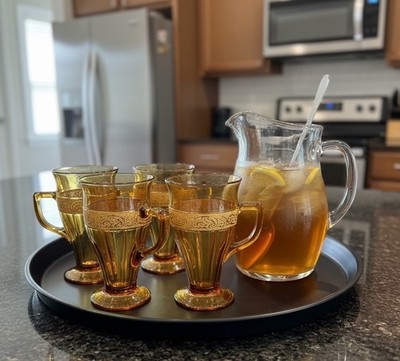 Cambridge Amber Glass Gold Etched 5  1/4'' Tall Footed Glasses Rare Set of 5