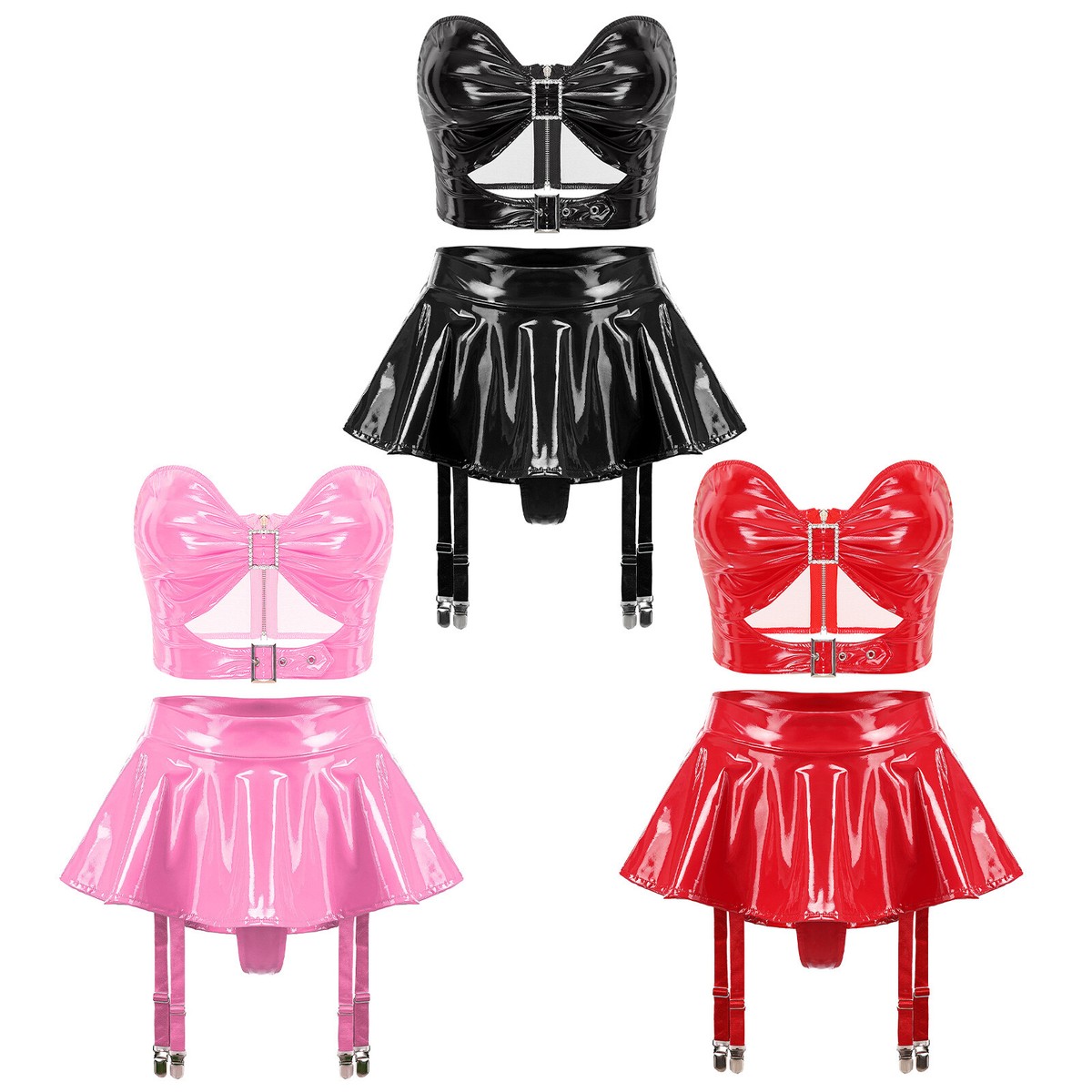 Women's PVC Leather Pieces Rave Outfits Crop Top with Skirt Set