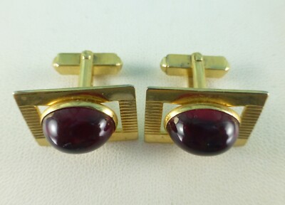 Boutons De Manchette Vintage Or Ovale Cabochon Rouge - Marque Anson - Occasion