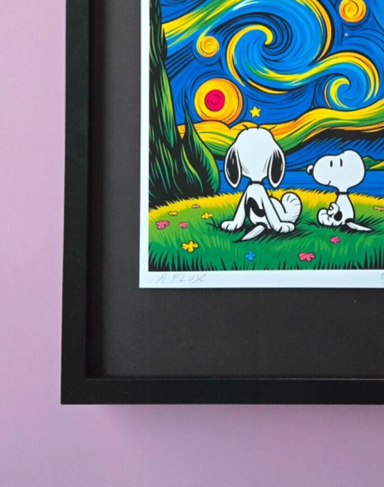 AIDAN FLUX | Estampado Auténtico Firmado a Mano Enmarcado Snoopy Noche Estrellada Certificado de Autenticidad Foto 3 de 4