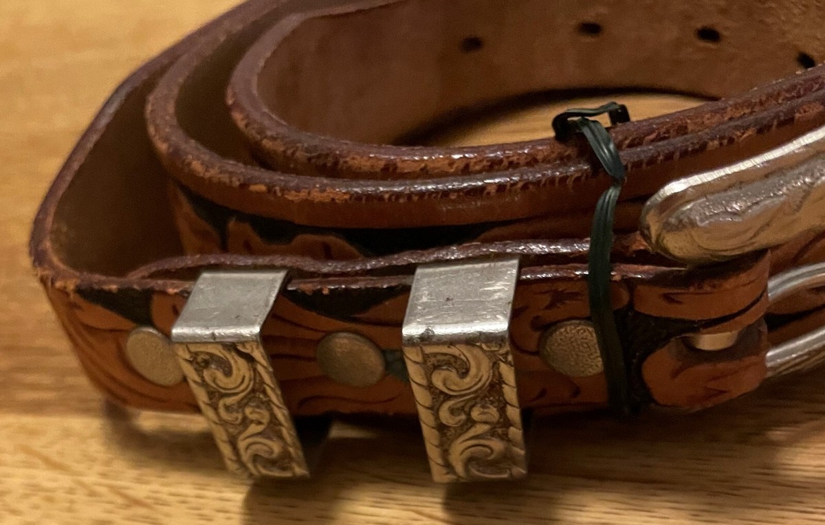 小物 used western belt Looper Western Style Tooled Leather Belt, 34, with Silver