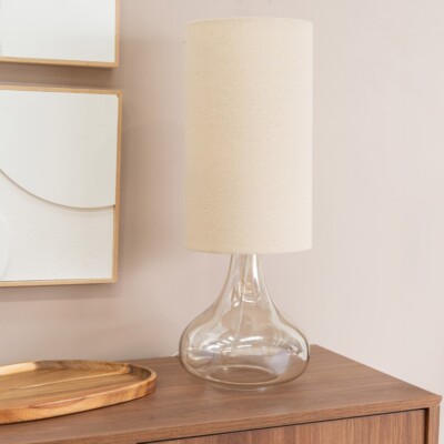 Sylvie Squat Base Braunglas Tischlampe groß Natur Stoffschirm Wohnzimmer
