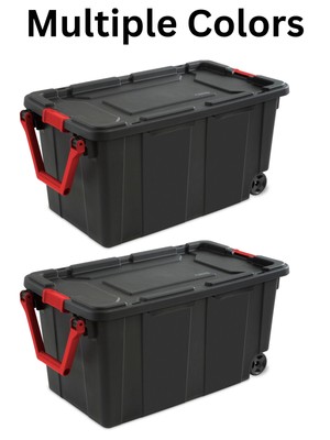 Rolling Wheeled Storage Tote 40 gal Heavy Stack 2 Tie Down Industrial Containers
