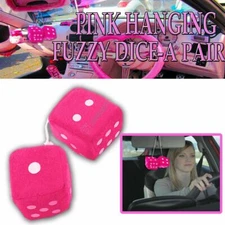 Zone Tech Pair Retro Vintage Car Vehicle Pink Hanging Mirror Fuzzy Dice 3"