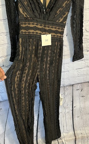 SHO Women Black/Nude Size XXS Deep-V Lace Jumpsuit - Picture 2 of 6