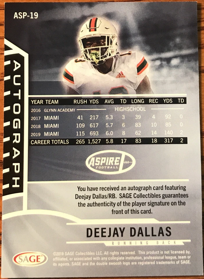 2020 SAGE Aspire Rookie Autograph BRONZE Deejay Dallas #ASP-19 Miami Hurricanes - Image 2 of 2