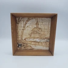 Vintage Framed Russian Birch Carving of Building in Woods Evergreens & Birch