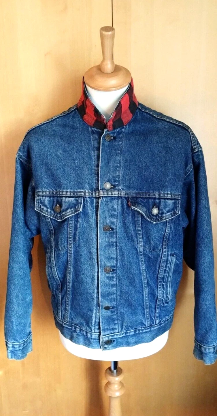 80s LEVI 70417 SMALL BLUE DENIM RED BLACK CHECK LINED TRUCKER JACKET MADE IN USA
