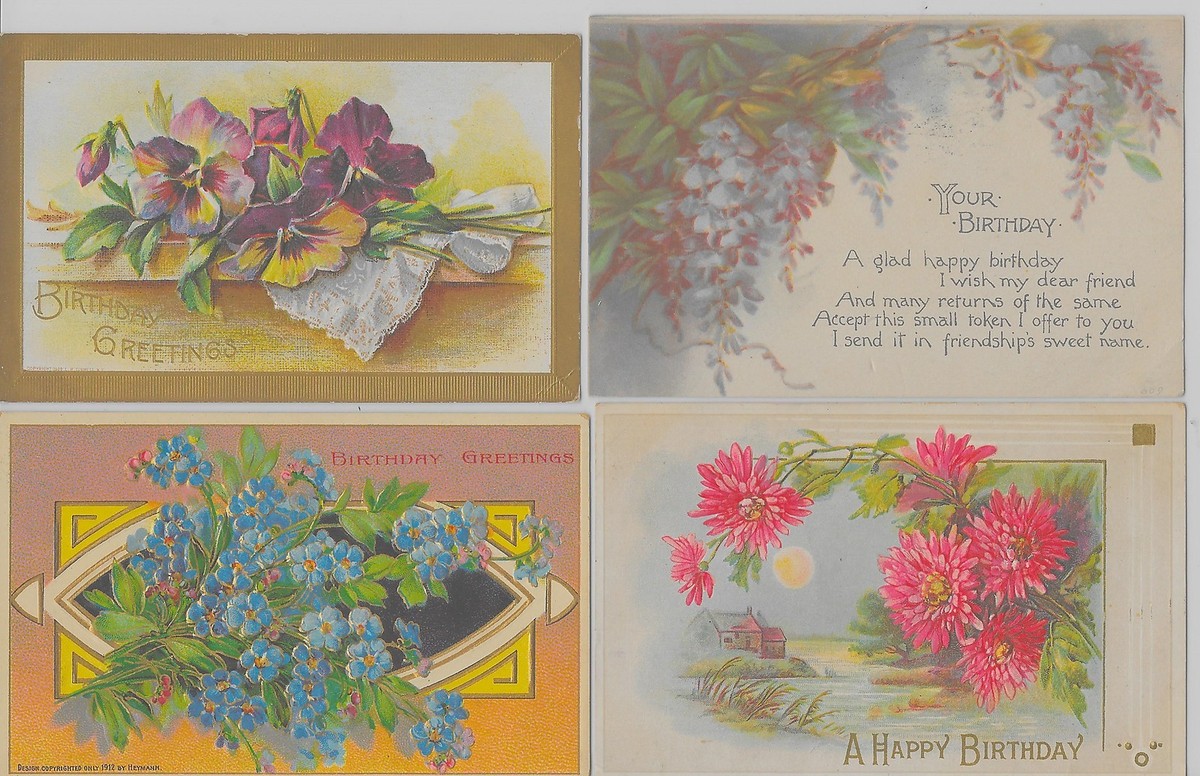 25 Birthday greetings flowers 4-leaf clovers some glitter antique