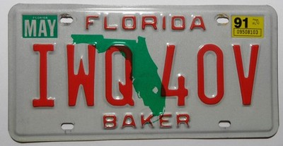USA Nummernschild aus Florida ''BAKER'' County mit Green Map mit Sticker 1991.