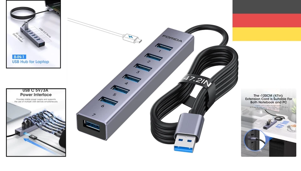 USB Hub, 8-Port USB 3.0, Schnell Daten, 15W Lade, Aluminium, 120cm Kabel - Bild 2 von 4
