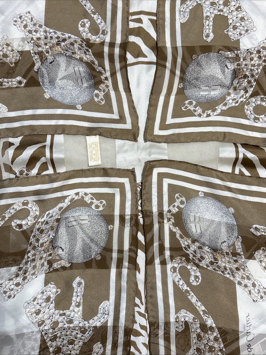 Cartier Silk Scarf 32in Panther Jewelry Motif Brown Chain