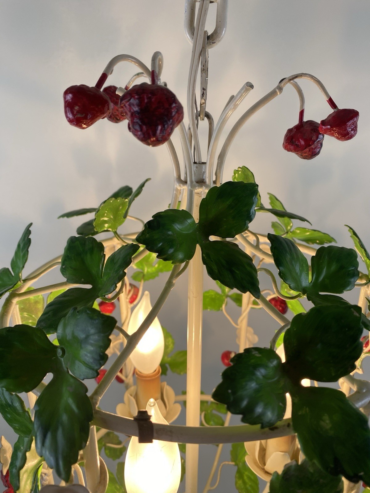 Vintage Italian Tole Strawberry Chandelier Fixture Birdcage Metal Three Sockets