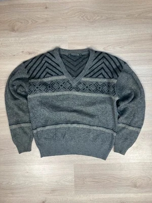 Pull laine vintage col V gris L motifs et rayures - Photo 1/4