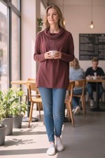 A6 Auth EILEEN FISHER Maroon Merino Wool Knit Cowl Neck Tunic Sweater Size XL