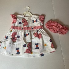 Vtg Baylis Brothers 2T White Floral Dress W/ Gingham Details & Cute Dog Print
