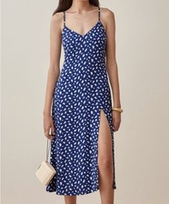 Reformation Crimini Slip Dress 8 Midi Slit Sexy Going Out Blue Animal Print