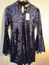 No Comment Crushed Velvet Dress M Navy Goth Bell Sleeve Bodycon NWT