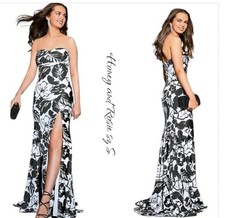 Honey Rosie Black White Floral Sequin Strapless Mermaid Prom Dress Slit Sz S NWT