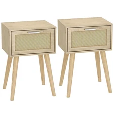 Nightstand Set of 2, Small Bedside Table, Boho Side End Table, Rattan Door, S...