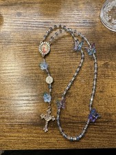 Handmade Glass Bead Christian Rosary with Butterfly, Flower Accents, Crucifix