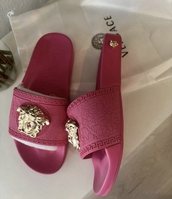 Versace Pink/Gold Medusa Logo Slide Sandals Rubber Slip-On Women s US 7