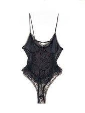 Vtg Bodysuit 1X Lingerie Full Figure Black Satin Lace Mesh Ruffle Thong Coquette
