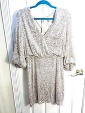 NWT ELIZA J Sequined Blouson Dress with Balloon sleeves in Silver Size 10 NYE