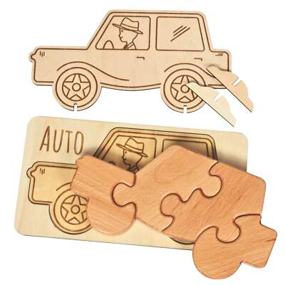 Holzpuzzle Auto   4-teiliges Puzzle mit gravierter Schablone, nachhaltig, Buche