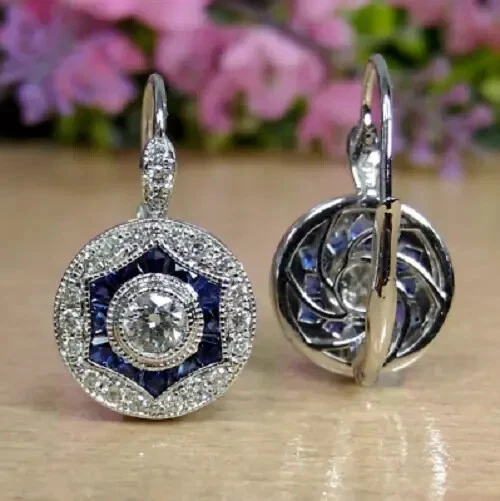 Art Deco Vintage Style Lab-Created Diamond & Sapphire Earrings 14k White Gold Fn - Image 2 of 4