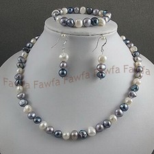 7-8/8-9/9-10mm Black White Gray Baroque Pearl Necklace Bracelet Earrings Set