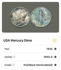 USA 1945-S AU Mercury Dime LOT #92