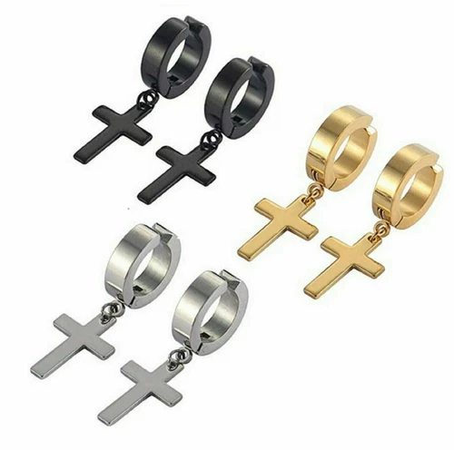 Earrings Non-Piercing Stainless Steel Cross Clip on Men Women Dangle Hoop New - Picture 1 of 20