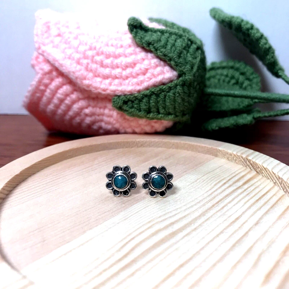 Pendientes de plata de ley 925 y piedras preciosas de azurita verde flor redonda delicados Foto 4 de 4
