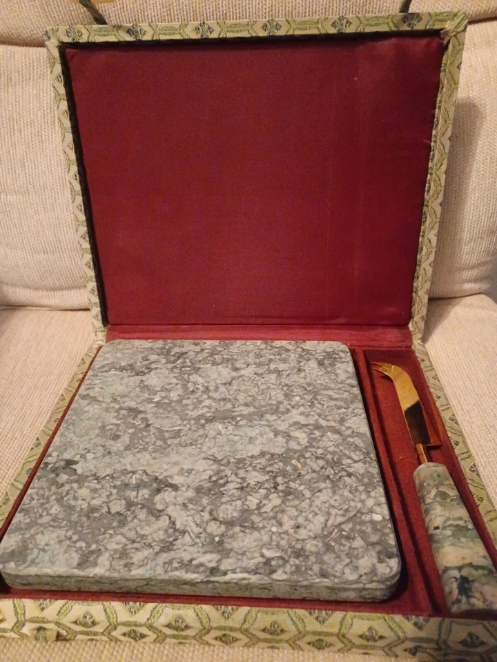 Vintage Marble Stone Cheese Board with Cutting Knife In Case Grey- Green   - Image 3 of 4