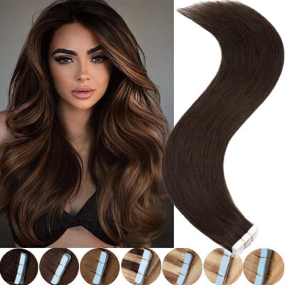 40pcs American Skin Weft Tape In Hair Extensions Full Head 100% Remy Human Hair